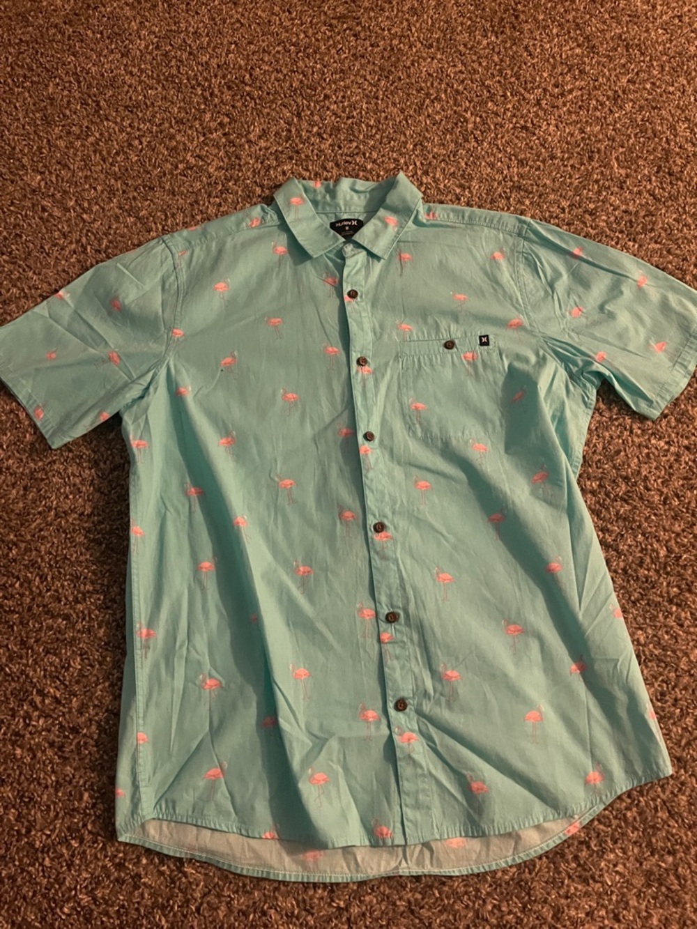 Hurley Light Teal Short-Sleeve Button-Up with Pink Flamingo Print